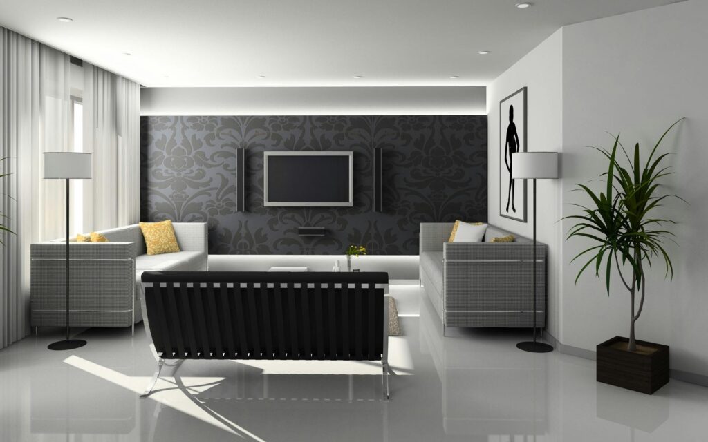 A sleek and modern living room with minimalist decor and monochrome theme.